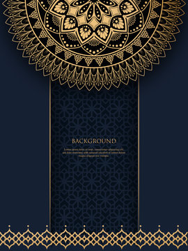 Pattern with golden vintage ornament mandala and place for text on navy blue background for invitation, postcard background