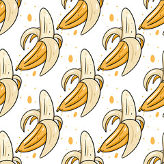 Banana seamless pattern. Hand drawn vector illustration in cartoon style. Isolated on white background.
