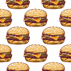 Tasty burger. Seamless pattern. Hand drawn vector Illustration isolated on white background.