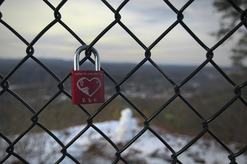 One single padlock with a heart scratched carved into it with initials and the a love quote...