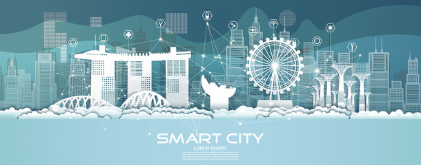 Technology wireless network communication smart city with architecture in singapore. - obrazy, fototapety, plakaty