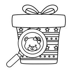 face of cute bear female in magnifying glass with gift box vector illustration design