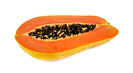 half of ripe papaya fruit with seeds isolated on white background