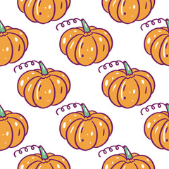 Autumn pumpkin seamless pattern. Hand drawn vector illustration. Isolated on white background. Cartoon style.