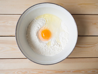 Broken egg in wheat flour in a bowl. Preparations for Russian pancakes