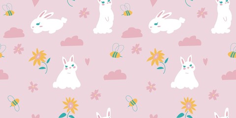 Cute bunny seamless pattern design with cloud flower bee heart. Hand drawn colorful design with rabbits. Vibrant and cute vector design for textile wallpaper fabric decor.