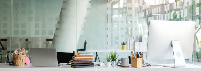 Workspace desk and laptop. copy space and blank screen. Business image, Blank screen laptop and supplies.