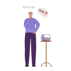 Alzheimers or Parkinsons disease - confused aged senior men with mental problems misplacing lost things, old people with dementia signs and symptoms, - vector isolated person on white