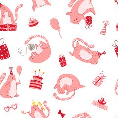 Cats birthday party seamless pattern - funny kitten in festive hat, gift boxes and presents, vector endless texture with flat characters on white background for textile, wrapping, scrapbook paper