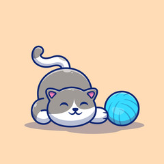 Cat Playing Ball Vector Icon Illustration. Cute Cat With Yarn Ball. Animal Icon Concept White Isolated. Flat Cartoon Style Suitable for Web Landing Page, Banner, Flyer, Sticker, Card, Background
