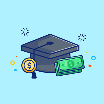 Scholarship Vector Icon Illustration. Graduation Cap And Money. Education Icon Concept White Isolated. Flat Cartoon Style Suitable for Web Landing Page, Banner, Flyer, Sticker, Card, Background