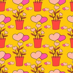 Valentine's day seamless pattern with coffee cup and hearts. Beautiful greeting card with valentines day seamless pattern. Red heart valentine love logo vector. Holiday background.Vector illustration