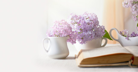Room interior with blooming lilacs flower bunch in jug and old vintage open fairytale book on table, tender romantic spring home decor in soft morning light, reading literature concept, copy space