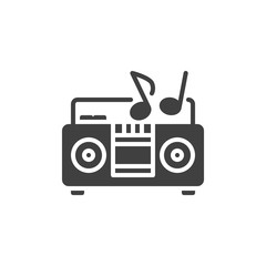 Audio tape recorder vector icon. filled flat sign for mobile concept and web design. Retro tape recorder and musical notes glyph icon. Retro music symbol, logo illustration. Vector graphics