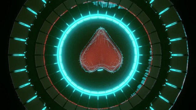 Red heart rotating in green opening circles, rendered 3d graphic animation