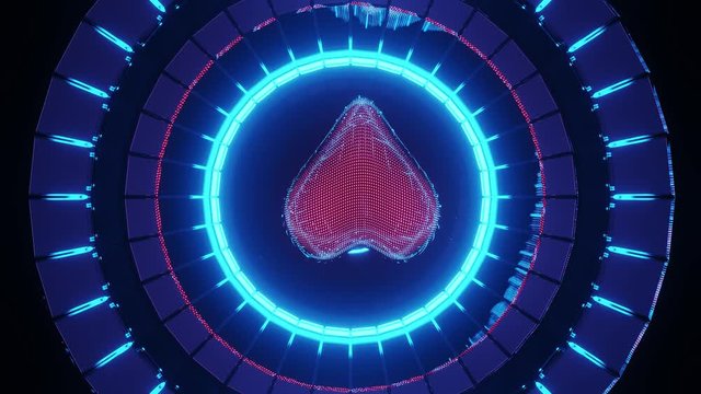 Red heart rotating in blue opening circles, rendered 3d graphic animation
