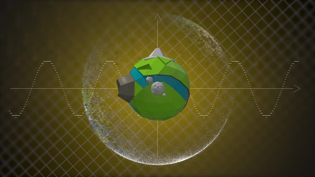 Digital animation of cartoony globe turning around itself in the center of coordinate system with arrow going up and down.