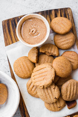 Crispy peanut butter cookies. Homemade vegan dessert. Vegan and vegetarian healthy food. On wooden board