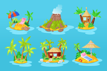 Set tropical islands in ocean with palm, bungalow, volcano, waterfall. Place to relax and travel