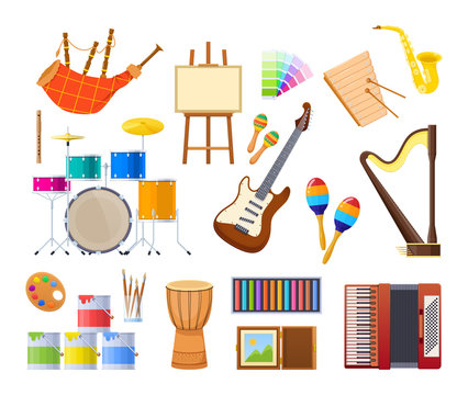 Musical and artistic instruments. Paint arts tool kit, design artists supplies and classical musical metal wood acoustic instruments cartoon vector illustration