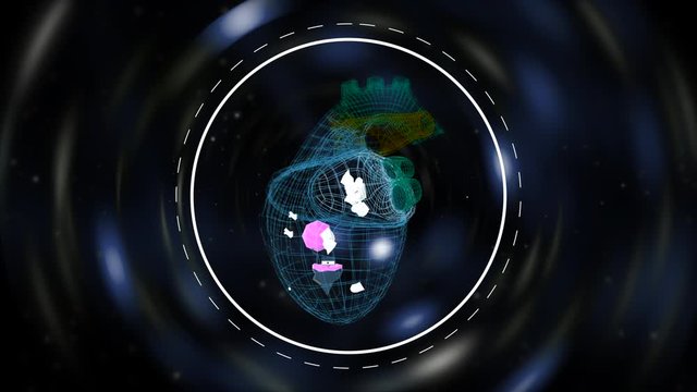 Animated tiny world spinning inside heart-shaped grid over techno waves illuminated background.