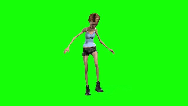4k 3d animation of a very thin young avatar girl walking and standing on scales to weigh herself.