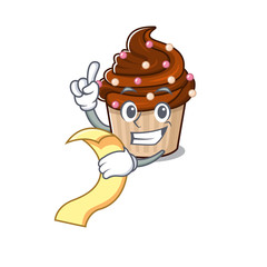 A funny cartoon character of chocolate cupcake holding a menu