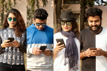College of people busy on mobile - group of modern trendy millennials using smartphone - concept of social media, internet, e commerce, technology usage