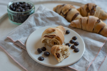 home made croissant filled with chocolate on a plate
