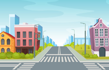 Urban landscape with empty urban street traffic road, sidewalk, crosswalk