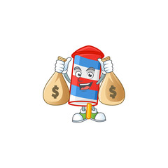 A cute image of rocket USA stripes cartoon character holding money bags