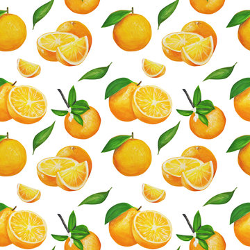  oranges pattern. Fruits are drawn by hand, in gouache, in the style of oil painting. can be used for textiles, stationery, corporate identity, wallpaper.