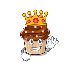 A cartoon mascot design of chocolate cupcake performed as a King on the stage