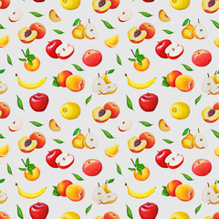  fruit pattern. oranges, bananas, apples, pears, lemon and leaves. Fruits are drawn by hand, in gouache, in the style of oil painting. colorful background. can be used for textiles, stationery, corpor