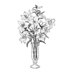 .Lilies in a glass vase. Hand-drawn vector illustration of a sketch style.  Isolated interior elements. Vintage floral composition.