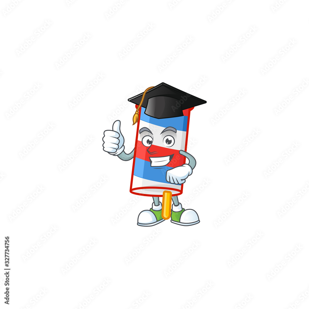 Poster a happy character of rocket usa stripes in a black graduation hat