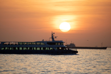 Fototapeta premium Kadikoy Moda coast sea view at sunset. Photographed outdoors. Golden hour