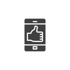 Smartphone with like message vector icon. filled flat sign for mobile concept and web design. Mobile phone with Thumbs up feedbackglyph icon. Symbol, logo illustration. Vector graphics