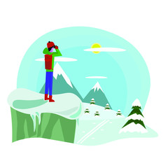 guy looks through binoculars from a cliff to the mountains and mountain snowy slopes