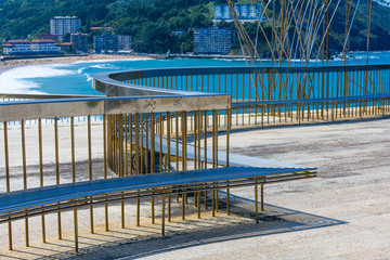 Details of a metal designer bench at a viewpoint in the village of Bakio. Basque country. Northern spain