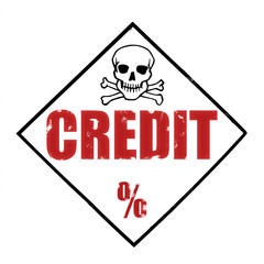 danger sign with a skull with the word credit, inside the rhombus shape frame, isolated on white background