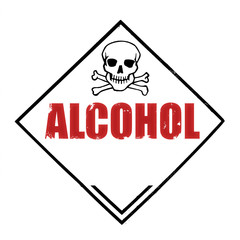 danger sign with a skull with the word alcohol, inside the rhombus shape frame, isolated on white background
