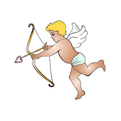 Fototapeta premium cupid shoots from a bow,blond boy cherub angel with wings, vector illustration on white background.