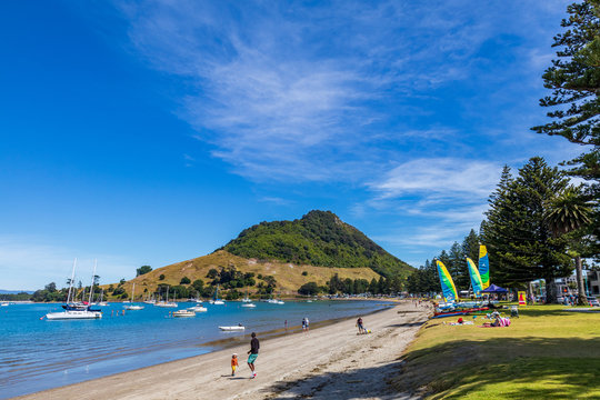 View of a beach and Mount Maunganui near Tauranga, located at the Bay of Plenty region on New Zealand's North Island.