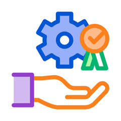 Hand Holding Gear And Medal Icon Thin Line Vector. Process For Goal Achievement, Victory Medal And Recognition Color Symbol Illustration