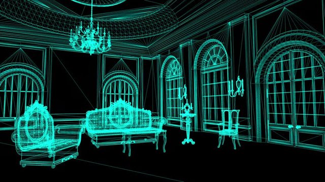 animation of Wireframe Model Of Pompous Palace With Columns