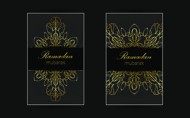 Ornate vector banner, vintage lanterns for Ramadan wishing. Outline golden decor in Eastern style. Islamic background.Ramadan Kareem greeting card, advertising, discount, poster.