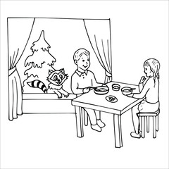 Vector illustration girl and boy sit at the table and eat. raccoon next to the herringbone. children's coloring. contour lines.