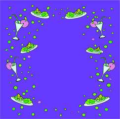 Fototapeta na wymiar vector illustration greeting card for motivation to slimness. food salads vegan cocktails on purple background .blank space