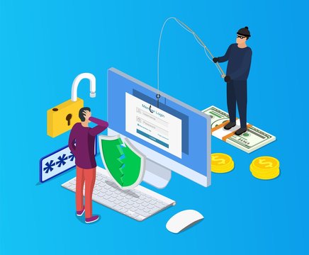 Isometric Login Into Account And Fishing Hook. Internet Phishing, Hacked Login And Password.Computer Internet Security Concept. Anti Virus, Spyware, Malware. Vector Illustration In Flat Style